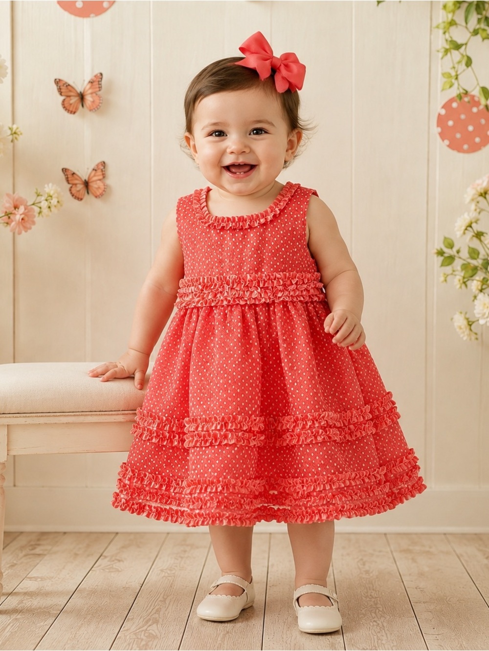 Rare Too Baby Girls 12M Coral Polka Dot Ruffle Dress Bloomers Bow NWOT